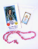 Maria Rosa Mistica:Libro,Rosario de Madera color Rosa, Estampa & Bolsita