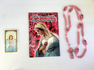 Maria Rosa Mistica:Libro,Rosario de Madera color Rosa, Estampa & Bolsita