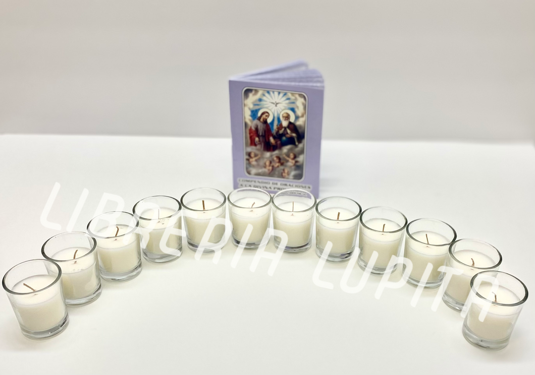 Set of 12 Devotional Glass Candles to the Holy Trinity/Set de 12 Velitas Devocionales en Vaso de Vidrio a la Santisima Trinidad